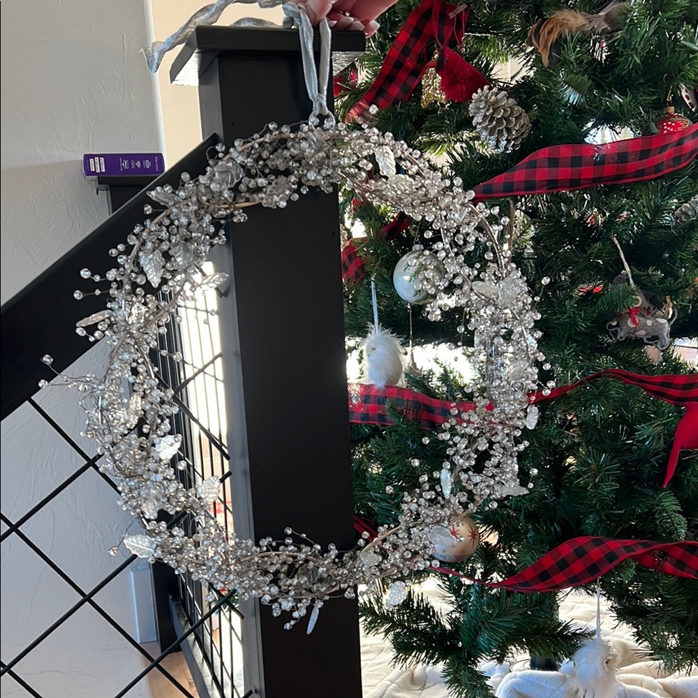 Pottery Barn beaded wreath. 17”. Elegant Silver Holiday Wreath!